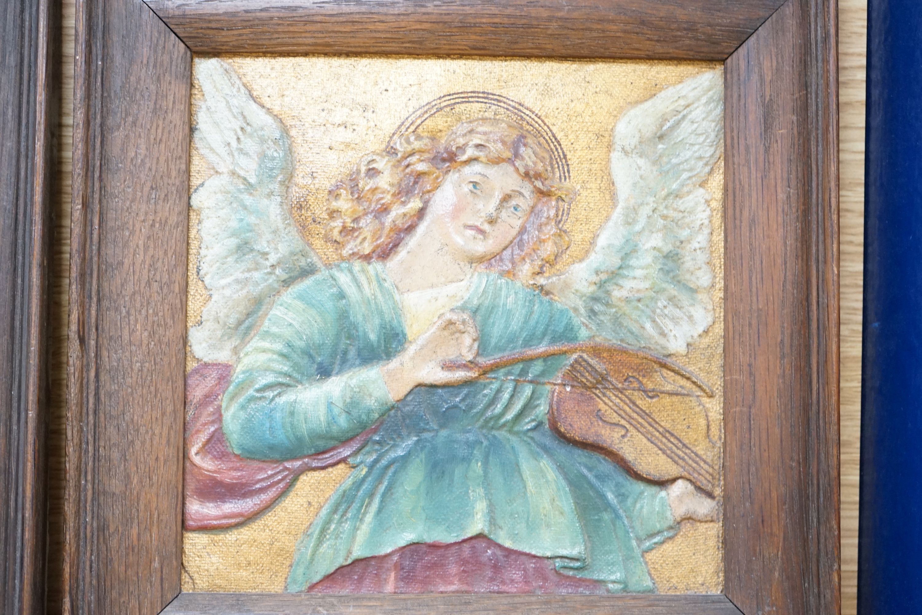 Continental School c.1900, a pair of embossed and painted canvas panels, Angels playing instruments, 18 x 18cm